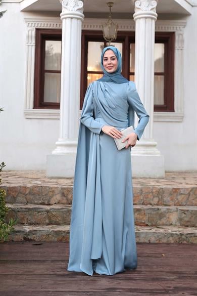 Saten Pelerin Abiye - Bebe Mavi