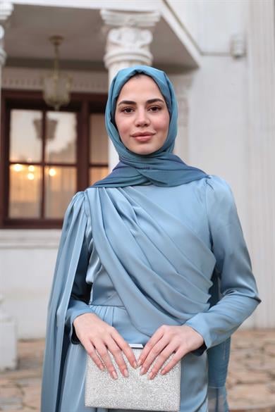 Saten Pelerin Abiye - Bebe Mavi