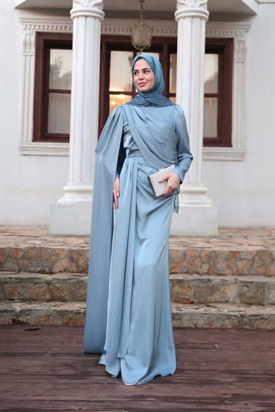 Saten Pelerin Abiye - Bebe Mavi