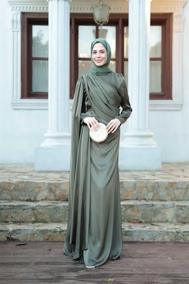 Saten Pelerin Abiye - Haki