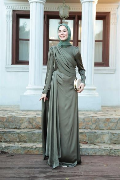 Saten Pelerin Abiye - Haki