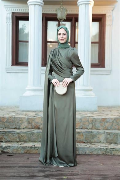 Saten Pelerin Abiye - Haki