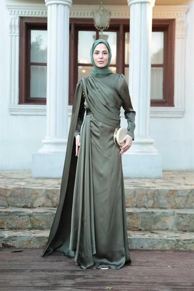 Saten Pelerin Abiye - Haki