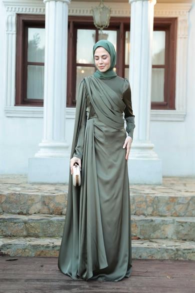 Saten Pelerin Abiye - Haki