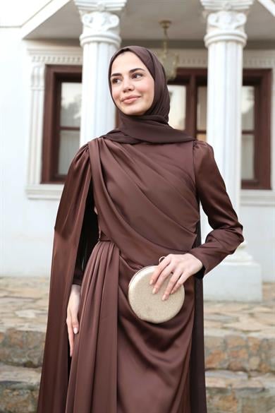 Saten Pelerin Abiye - Kahverengi
