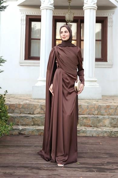 Saten Pelerin Abiye - Kahverengi