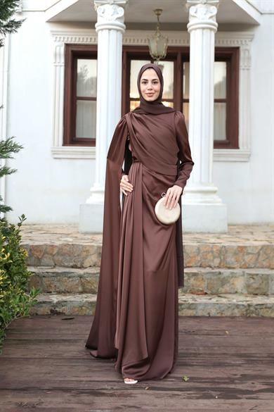 Saten Pelerin Abiye - Kahverengi