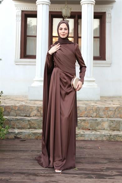 Saten Pelerin Abiye - Kahverengi