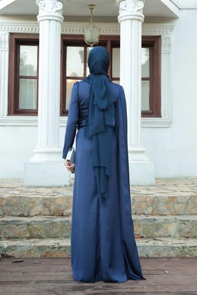 Saten Pelerin Abiye - Lacivert