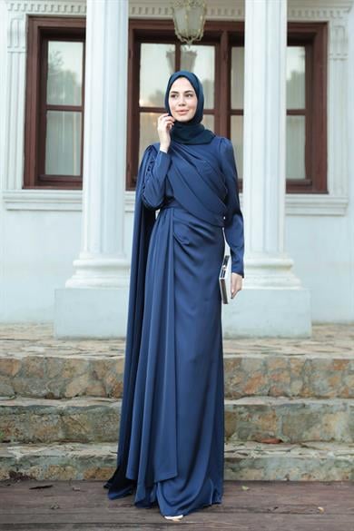Saten Pelerin Abiye - Lacivert