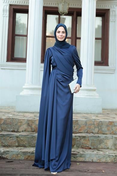 Saten Pelerin Abiye - Lacivert