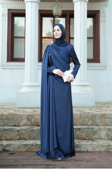 Saten Pelerin Abiye - Lacivert