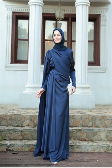 Saten Pelerin Abiye - Lacivert