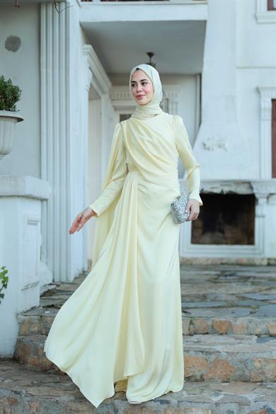 Saten Pelerin Abiye - Sarı
