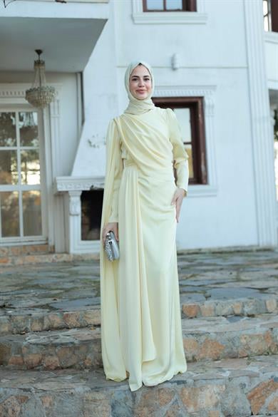 Saten Pelerin Abiye - Sarı