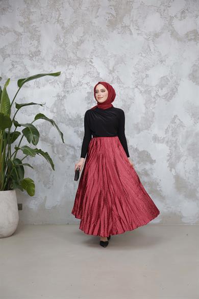 Saten Taşlı Etek - Bordo