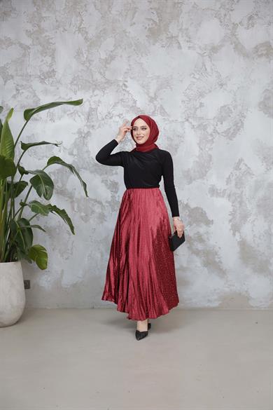Saten Taşlı Etek - Bordo