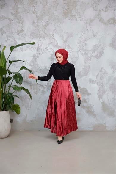 Saten Taşlı Etek - Bordo