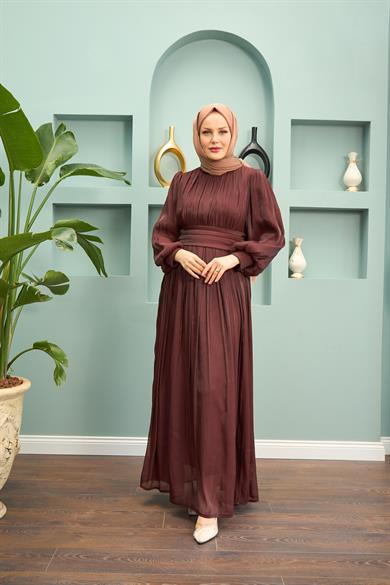 Saye Evening Dress with Tie Waist - Brown