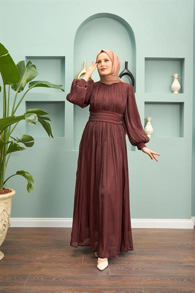 Saye Evening Dress with Tie Waist - Brown