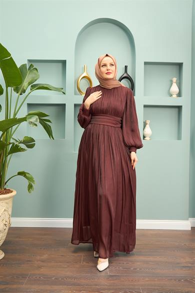 Saye Evening Dress with Tie Waist - Brown