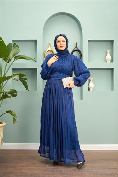 Saye Evening Dress with Tie Waist - Navy Blue