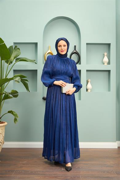 Saye Evening Dress with Tie Waist - Navy Blue