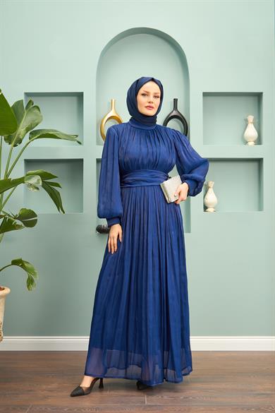 Saye Evening Dress with Tie Waist - Navy Blue