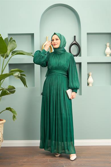 Saye Evening Dress with Tie Waist - Emerald Green