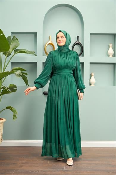 Saye Evening Dress with Tie Waist - Emerald Green