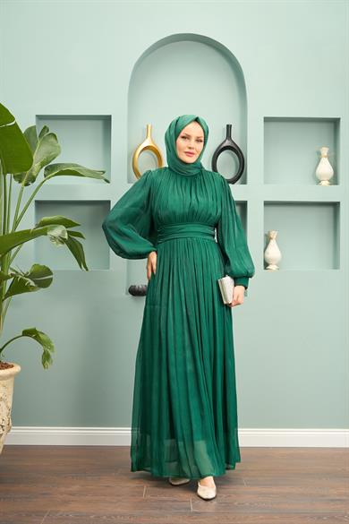 Saye Evening Dress with Tie Waist - Emerald Green