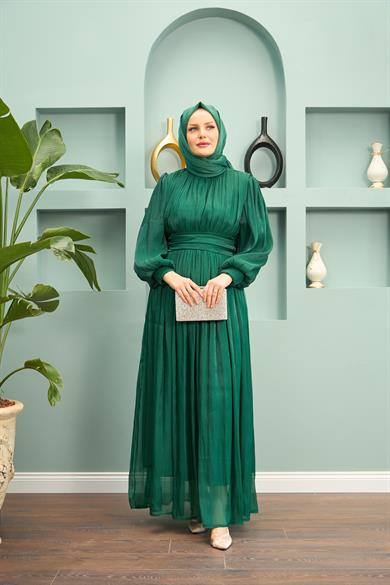 Saye Evening Dress with Tie Waist - Emerald Green
