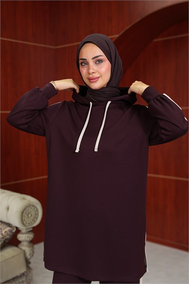 Semanur Çizgi  Detay Pantolonlu Takım - Bordo