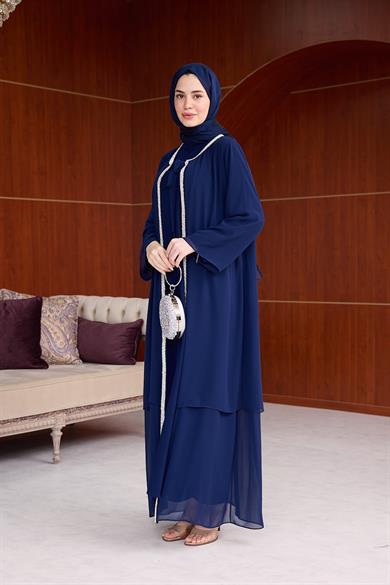 Şerit Taş İşleme Detaylı Tesettür Abaya - Lacivert