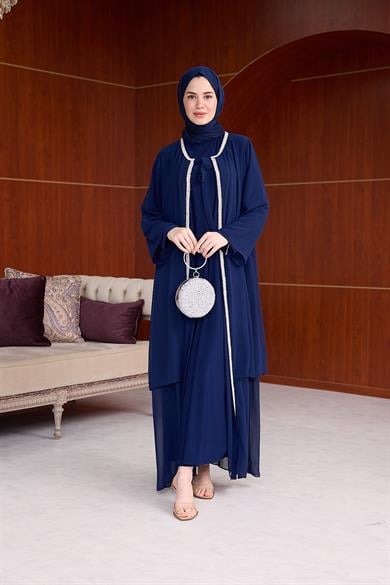 Şerit Taş İşleme Detaylı Tesettür Abaya - Lacivert