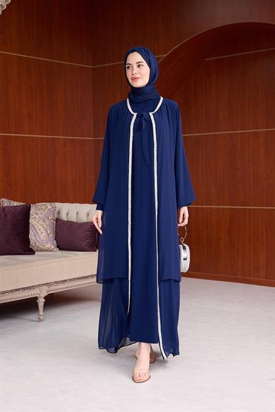 Şerit Taş İşleme Detaylı Tesettür Abaya - Lacivert
