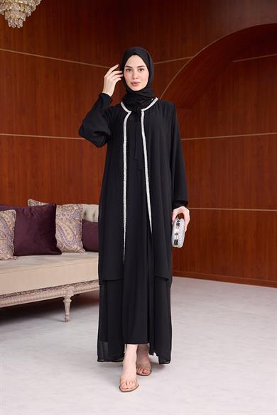 Şerit Taş İşleme Detaylı Tesettür Abaya - Siyah