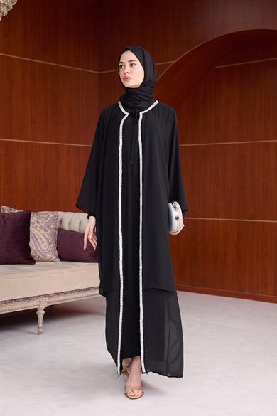 Şerit Taş İşleme Detaylı Tesettür Abaya - Siyah