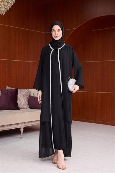 Şerit Taş İşleme Detaylı Tesettür Abaya - Siyah