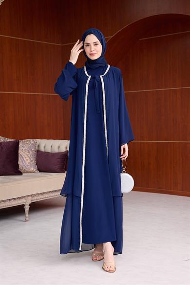 Şerit Taş İşleme Detaylı Tesettür Abaya - Lacivert