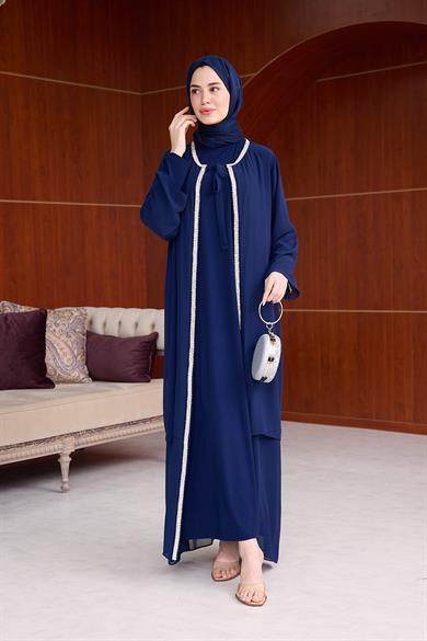 Şerit Taş İşleme Detaylı Tesettür Abaya - Lacivert