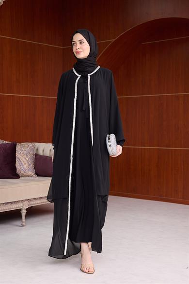 Şerit Taş İşleme Detaylı Tesettür Abaya - Siyah