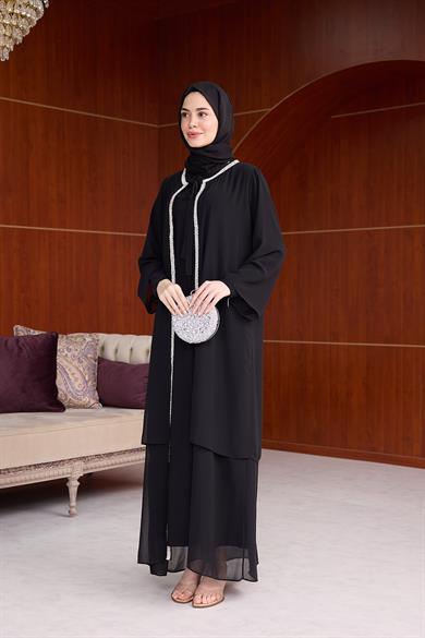 Şerit Taş İşleme Detaylı Tesettür Abaya - Siyah