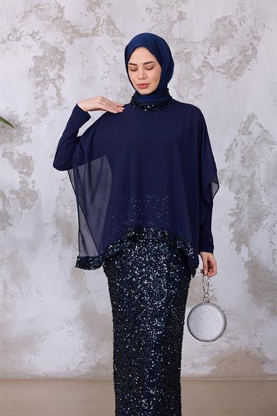 Şifon Detay Payet Abiye - Lacivert