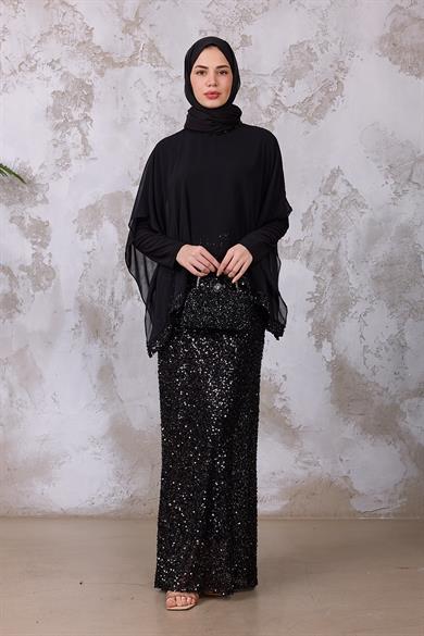 Şifon Detay Payet Abiye - Siyah