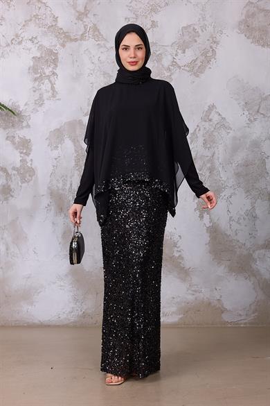 Şifon Detay Payet Abiye - Siyah