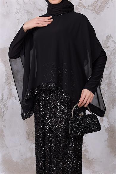 Şifon Detay Payet Abiye - Siyah