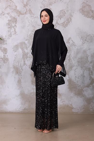 Şifon Detay Payet Abiye - Siyah