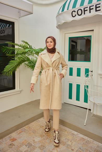 Suede Fabric Belted Coat - Beige