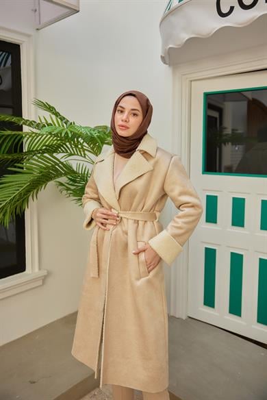 Suede Fabric Belted Coat - Beige